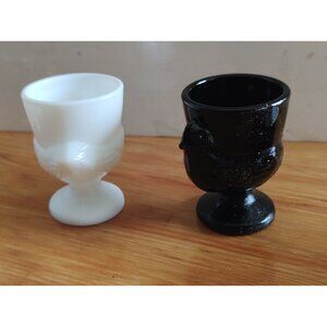Vintage French Black and White Glass Chicken eggcup set